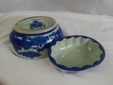 2 Antique style Moulds Jelly Pie Terrine  Blue & White Willow Pattern fish base