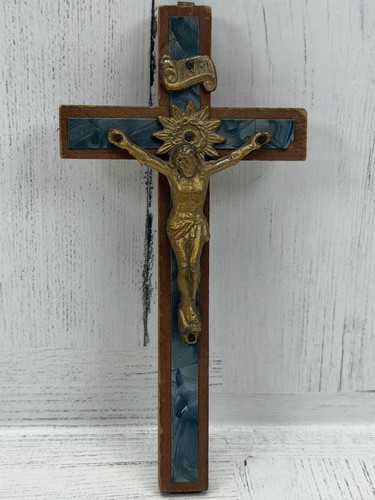 Antique wood crucifix - crucifix, blue