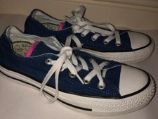 Dark Blue Converse Logo Double Tongue Pink Low Top Laces White Size UK 3 US 5.5