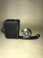 Vintage LEONARDO Pocket Quartz Travel Alarm Clock in Faux Leather Black Bag.