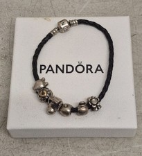 Genuine PANDORA Black Leather Bracelet with Silver Charms 
