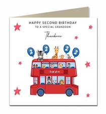 Birthday Card for Grandson, Son, Nephew, Safari Animals Bus, Personalised M80