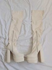 Public Desire Cream Thigh High Square Toe Platform Boots Block Heel UK5