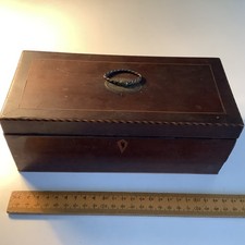 Antique Georgian Mahogany Work Box With Secret Drawer & Barber Pole Stringing