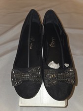 Woman Black Faux Suede Diamanté Bow Front Ballet Flats Shoes UK 8