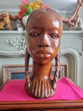 Tribal African wooden head bust vintage wood carving statue figure ornament