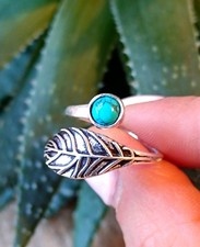 Turquoise Gemstone Leaf Ring German Silver Adjustable Leaf Ring for Her