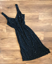 VINTAGE Y2K Sequin Embellished Maxi Dress UK 16 Black Boho Goth Gown Xmas NYE