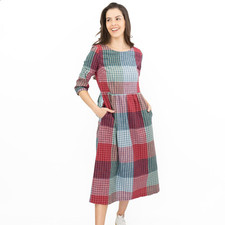 Seasalt Womens Midi Dress Cloudscape Check ¾ Sleeves Zip Pockets Green Pink