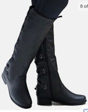 Womens HIGH CALF KNEE BLACK FAUX LEATHER BOOTS FULL ZIP PLAIT DETAIL UK 