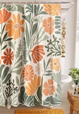 Cute Colorful Floral Faux Linen Shower Curtain for Funky Aesthetic Bathroom D...