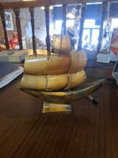 VINTAGE SCHOONER SAILING SHIP BOAT ORNAMENT DUSPLAY REAL HORN Bone 6in By 6in