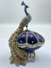 Vintage Cold Enamelled & Jewelled Peacock On Egg Trinket Box