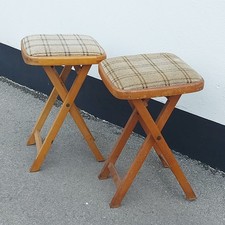 A Pair of Vintage Folding Stool Mid Century Wooden With Cloth Covered Seat Retro