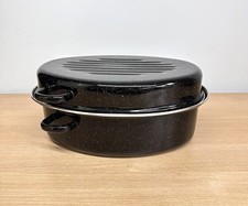 Large Black Enamel Oval Roasting Tin With Lid - 39cm - Excellent Condition