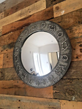ANTIQUE ARTS & CRAFTS PERIOD ABSTRACT BEATEN PEWTER ROUND CONVEX WALL MIRROR
