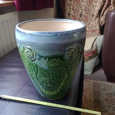 Large Vintage Art Nouveau Style Planter Pot Green & Blue Glaze. 22cm Tall.