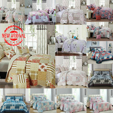 Printed 3 Piece Quilted Patchwork Bedspread Comforter bed Throw and Pillow Sham