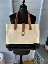 Fossil Austin Brown Leather Beige Canvas Tote Bag Handbag