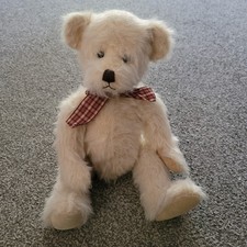 RUSS Vintage White Teddy Bear "Donald" with Plaid Bow - Collectible Plush