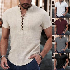 Men T Shirt Short Sleeve Tops Cotton Linen Summer Grandad Collar Shirt Blouse UK