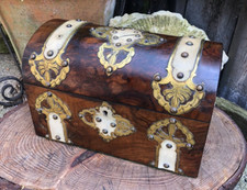 Antique Victorian walnut tea caddy gothic dome top brass straps glass bowl lined