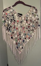 Poncho Crochet Fringed. White
