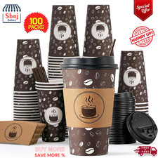 Disposable Coffee Cups with Lids, Sleeves and Straws, 12oz(100 Pack) Paper Coffe
