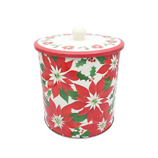 Vintage Holly Flowers Christmas Biscuit Barrel Tin Red Green White Decoration
