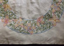 Vintage FAIRISTYTCH Irish Linen Hand Embroidered Tablecloth Lilies UNUSED Signed