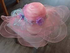  ladies Hand Decorated pink  large  Brim Hat  races /weddings etc .