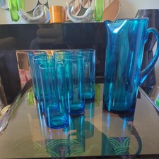 Vintage Whitefriars Blue Glass Water Jug Pitcher & 5 Drinking Glasses Tumblers