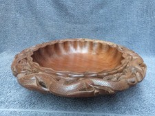 LARGE VINTAGE HANDCARVED WOODEN CENTREPIECE BOWL ORIENTAL DRAGON DESIGN