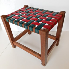 Vintage Stool Woven Top Footstool 1970s Plant Stand Childs Stool Red Green
