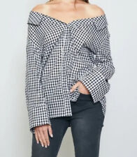 Gingham Print Off Shoulder Womens Blouse, Elegant Knotted Blouse Button UP