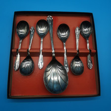 Vintage Cased Art Deco Style Silver Plated 7pc Dessert Fruit Spoon Set Sheffield