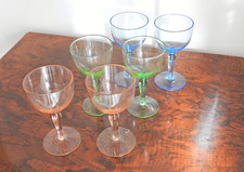 Set of Six Multi Coloured Art Deco Wine Glasses pink, blue and green