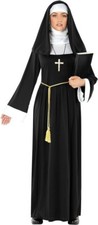 Women`s Black Nun Costume + Cross S - 3XL Ladies Sister Halloween Fancy Dress