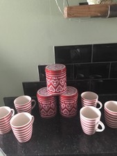 CHRISTMAS TEA COFFEE SUGAR TIN CANISTURES 6 CANDY CANE /CUPS/MUGS