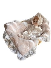 1991 MBI Porcelain Baby Doll Christening Gown & Bonnet With Basket 18 Inches