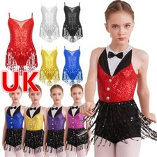 UK Kids Girls Tassel Latin Jazz Dance Leotard Dress Tango Cha Cha Dance Costume