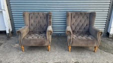 Pair of Grey Alexander and James Theo Chesterfield wing back armchairs 