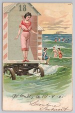 c1905 Ostende Beach Hut & Bathing Machine Postcard Woman in Pink Costume