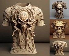 New Men's 3d Skull Spider T Shirt Stretch Crew Neck Printed Front & Reverse