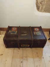 Vintage Brown Wooden Banded Extra Large Steamer Trunk, With Travel Stickers 