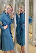 M&S Holly Willoughby Pure Cotton Frilled neck denim Midi Shirt Dress UK 16 GUC