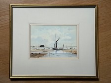 Original Watercolour with coastal scene and boats by John Bird, c.1980s