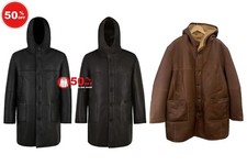 Men's Shearling Sheepskin Hooded Fur Parka Coat 100% Genuine RAF Classic 53410