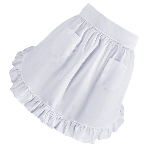 White ruffled half apron - white, with