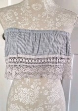 Primark Pale Blue Striped Cotton Cropped Boob Tube / Bandeau Top - Size 8